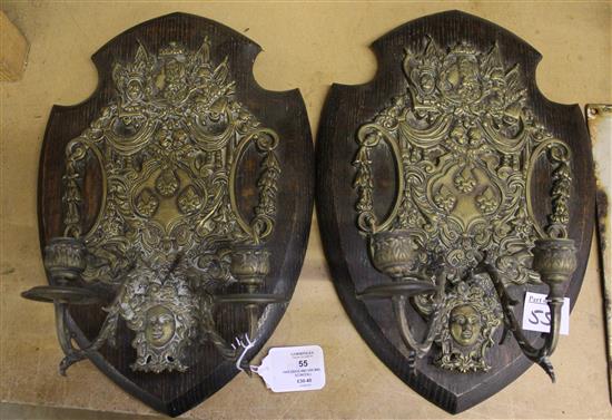 Pair brass and oak wall sconces(-)